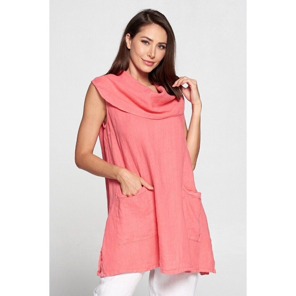 Match Point Tunic Cowel Neck 100% Linen Pockets Coral Pink Medium